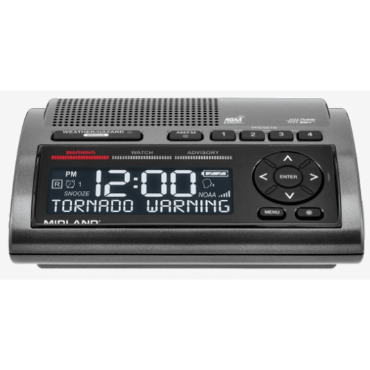 Radio de Alerta Meteorológica WR400 / 7 Canales NOAA y Environment Canada / Almacena 10 Alertas / Sirena de 85 dB / Reloj Dual con Alarma / Carga USB / Certificado Public Alert