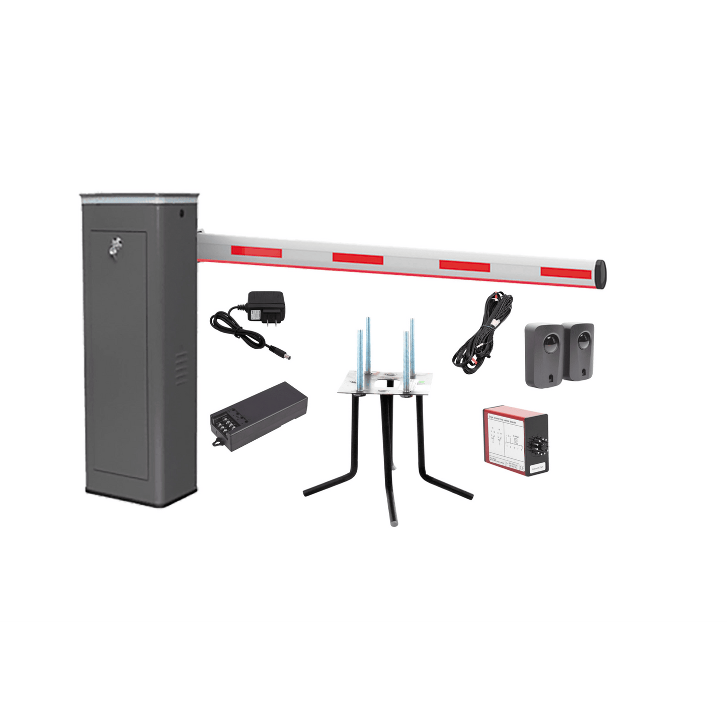 Kit COMPLETO Barrera Derecha XBS Con Corona LED / Brazo Iluminado de 5M / Incluye Sensor de Masa, Transformador, Lazo Magnético, Ancla, Fotoceldas y 2 Controles Inalámbricos