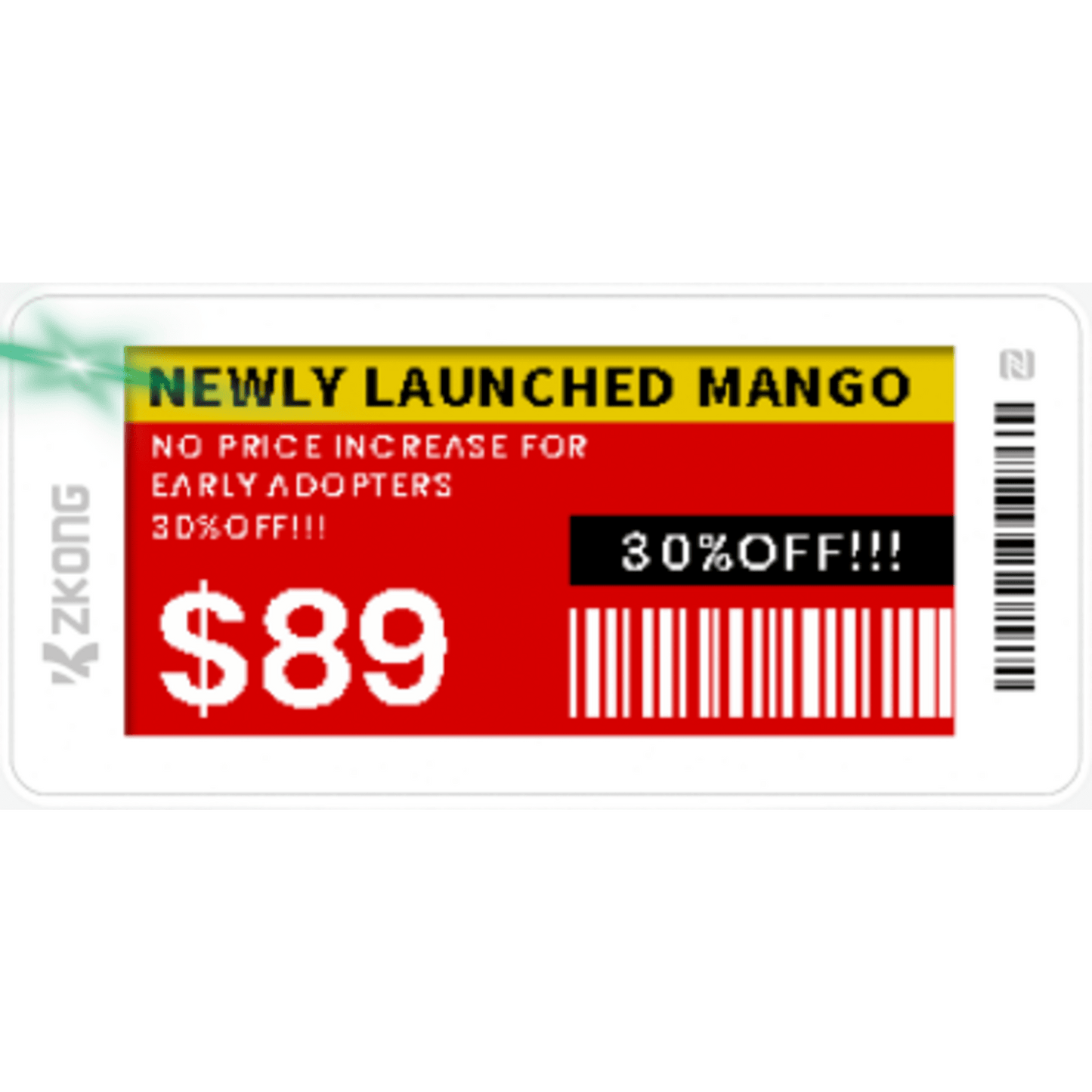 Etiqueta de Estantería Electrónica ESL ZKE21B / Pantalla EPD 2.13 Pulgadas / Resolución 122x250 Píxeles / 4 Colores (Negro Blanco Rojo Amarillo) / BLE 5.0 con Encriptación AES-128 / Batería 5 Años / NFC / C