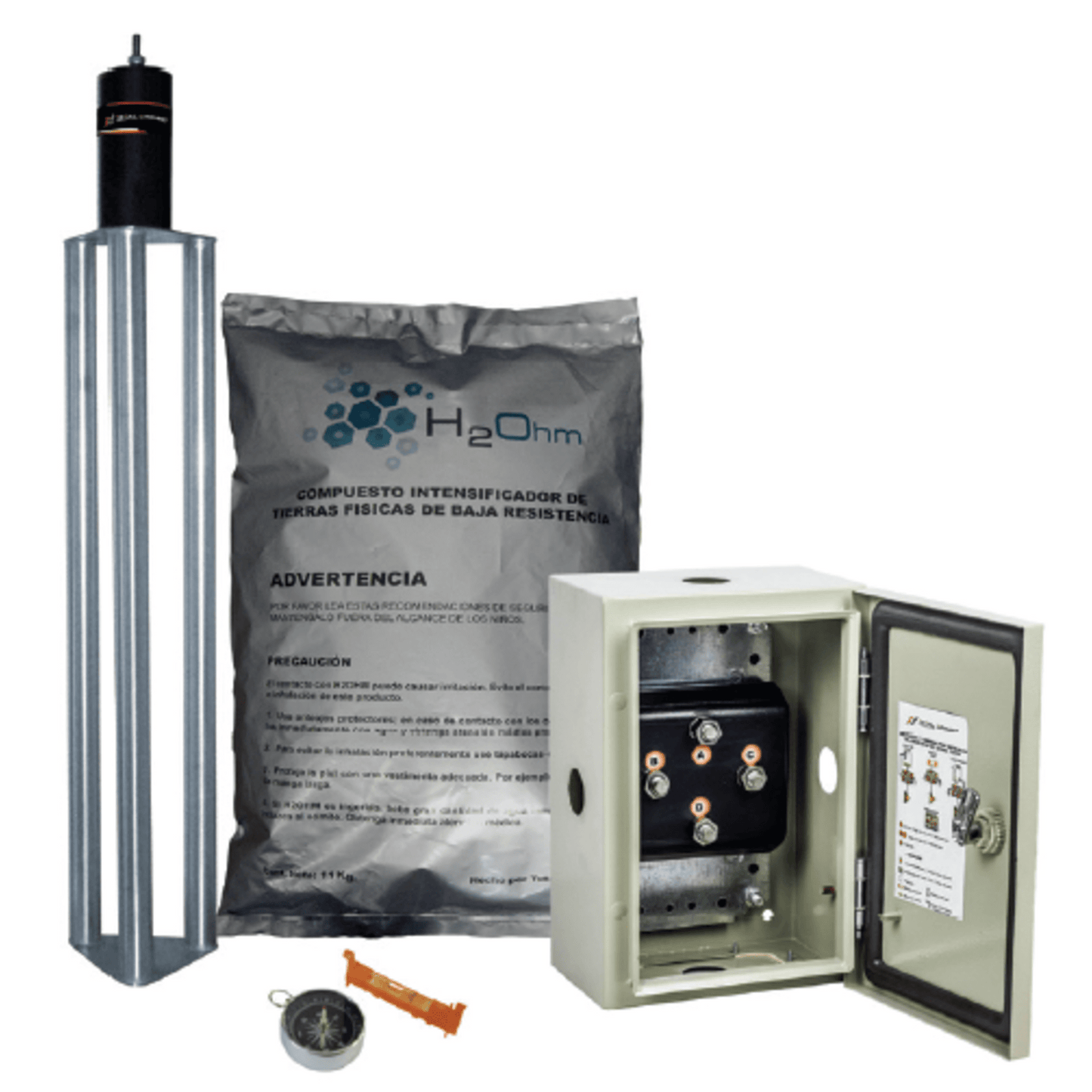 Kit de puesta a tierra de 70 A con Electrodo de Acero Inoxidable, Filtro, Acoplador y Compuesto H2Ohm.