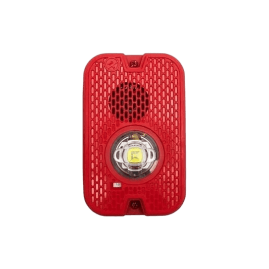 Sirena con Lámpara LED Estroboscópica / a 2 Hilos / Montaje en Pared / 16 a 24 Vcd / Configuración Estroboscópica Seleccionable / Texto en Inglés / Color Rojo / Uso exterior