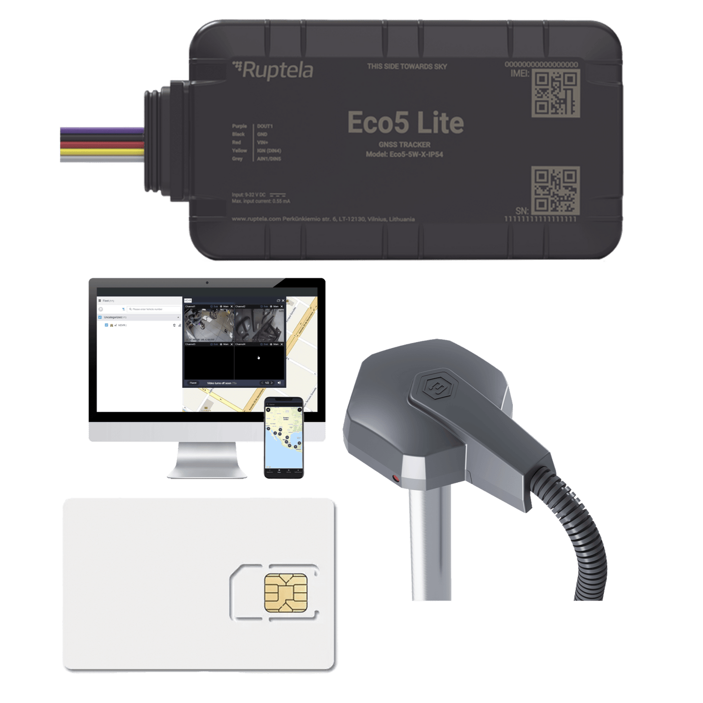 Rastreador Vehicular y Monitoreo de Flota / BLE 5.0 y GNSS / LTE CAT1 y LTE-M con Respaldo 2G / GNSS U-blox / MiKado IP54 / -20 °C a +40 °C / Acelerómetro de 3 Ejes / Suministro 9-32 V / Batería Interna