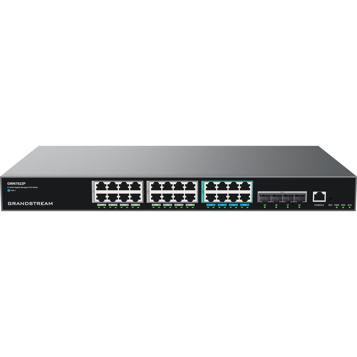 Switch PoE Multigigabit Capa 3 / 24 Puertos Ethernet PoE (16x 1G, 8x 2.5G)/ 4 Puertos SFP+ / PoE++ Dinámico / IPv6 e IPv4 / VLAN Avanzada / QoS / Stacking hasta 4 Dispositivos / Administración Web y CLI