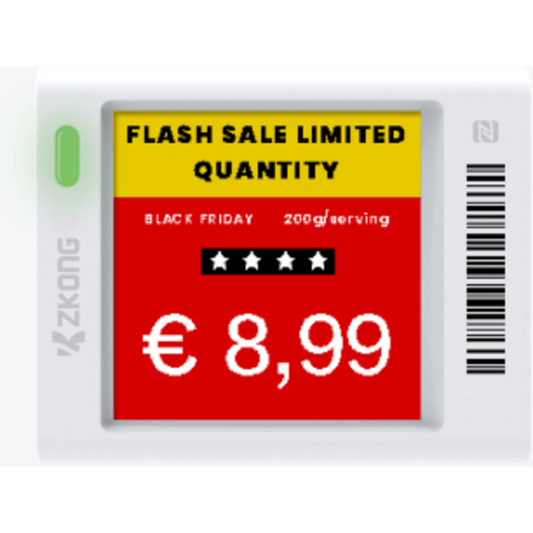 Etiqueta Electrónica de Estantería ESL 1.5" / Pantalla EPD Gráfica Matriz de Puntos 152x152 píxeles / 4 Colores (Negro Blanco Rojo Amarillo) / BLE 5.0 con Encriptación AES-128 / Autonomía 3 Años con 4