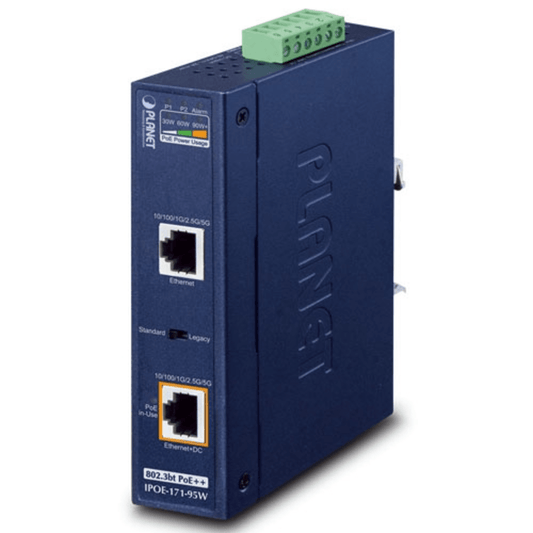 Inyector Industrial Single-Port Multi-Gigabit 802.3bt PoE++ / 60W o 95W / 2 Puertos RJ45 / 10M/100M/1G/2.5G/5Gbps / IP30 / -40 a 75°C / Montaje en Riel DIN o Pared