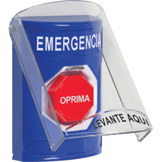 ?Botón Multipropósito, Color Azul, De Superficie, Con Tapa De Policarbonato, Sin Bocina Pre Alarma, Solo Interior, Llave Para Restablecer, Texto De Emergencia, Español