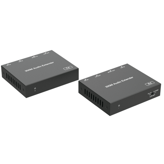 Extensor de Audio | Digital Óptico y Analógico | Transmisión hasta 300 m | Soporte 48/96/192 kHz | Selección de salida en receptor | Función POC bidireccional | Plug-and-Play | Ideal para HDTV, AVR y sistemas multizona
