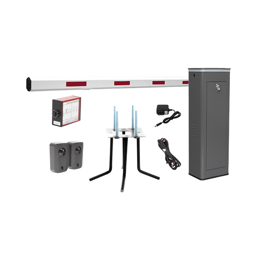 Kit COMPLETO Barrera Izquierda XBF Con Corona LED / Brazo de 3M / Incluye Sensor de Masa, Transformador, Lazo Magnético, Ancla, Fotoceldas y 2 Controles Inalámbricos