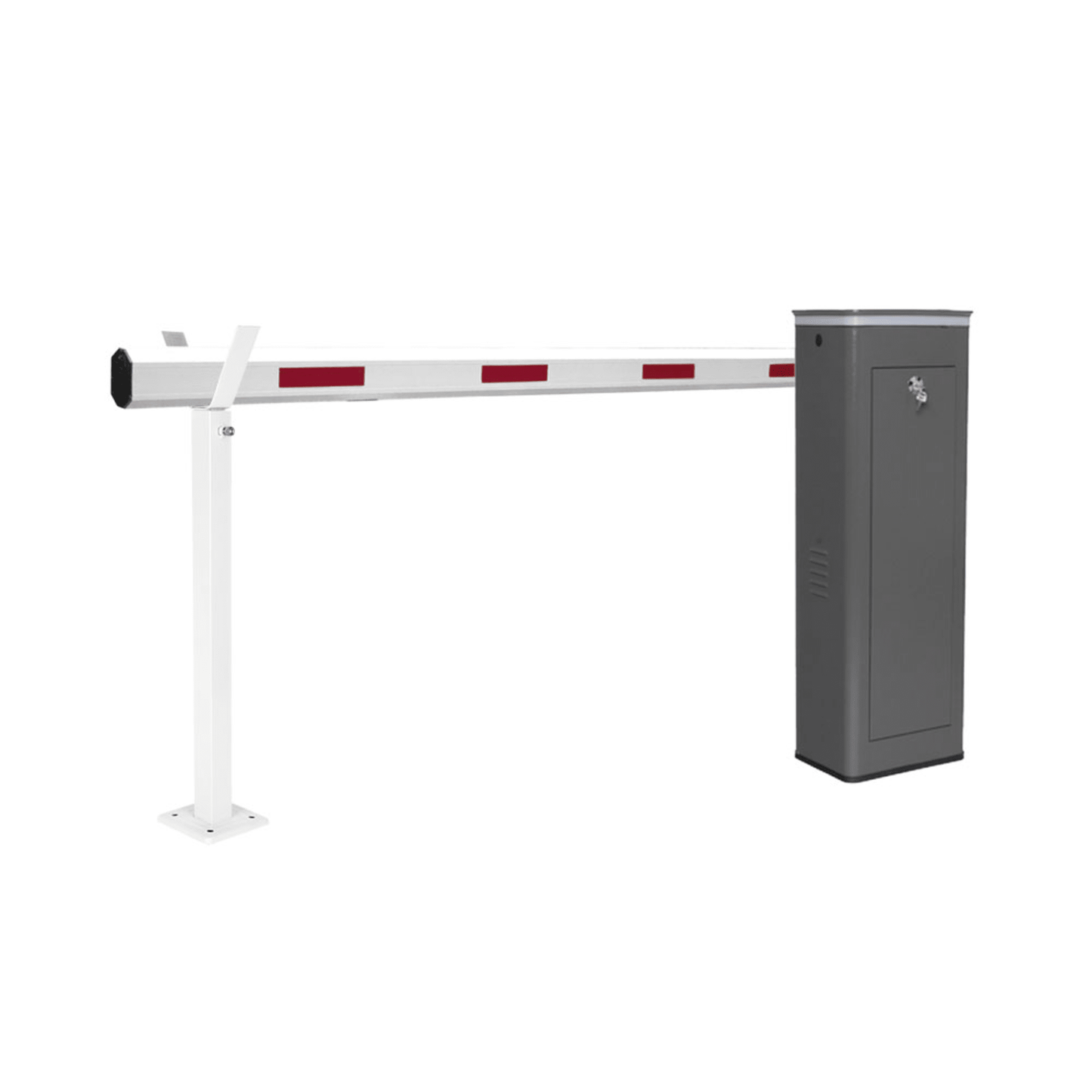 Kit de Barrera Vehicular Izquierda y Brazo Telescópico de Hasta 5.5 m / Finales de Carrera Ajustables por Programación / Movimiento Fluido / Diseño Elegante Color Gris / Con Corona Led Semaforizada