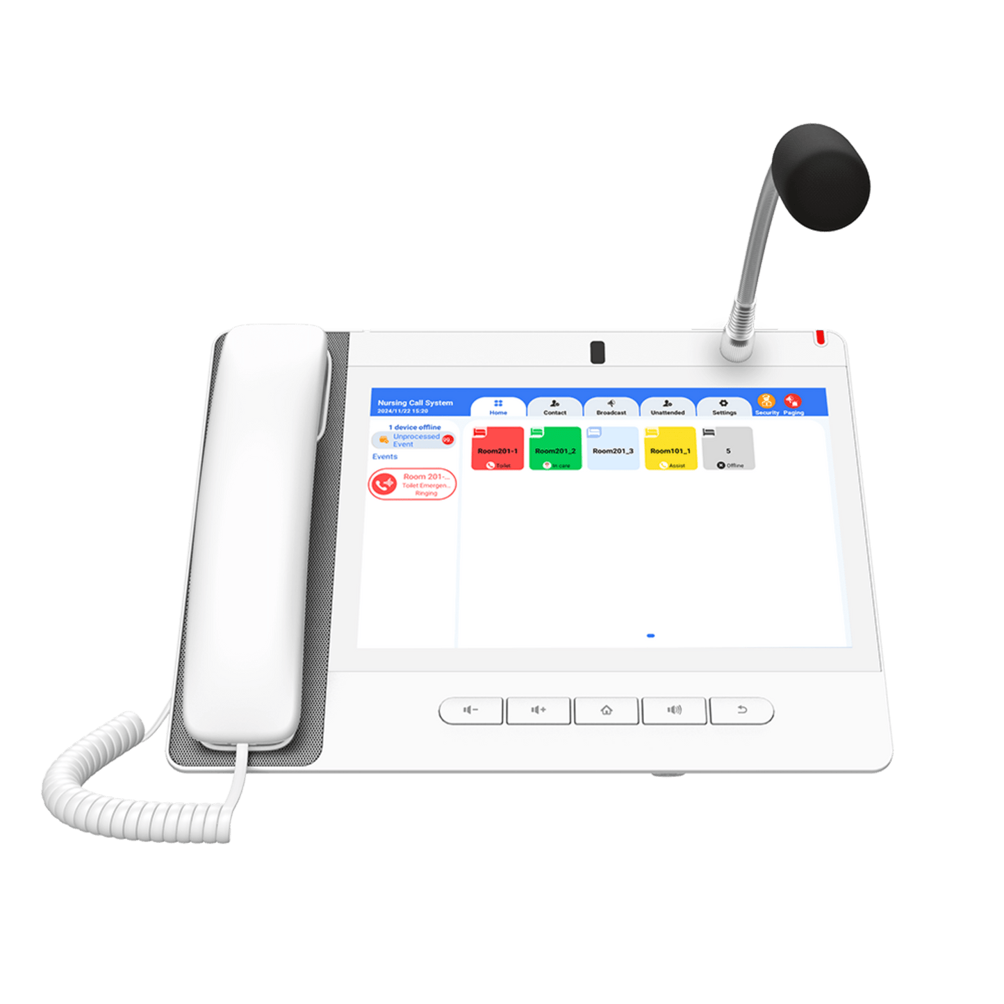 Teléfono IP Color Blanco Android 9.0 Empresarial para voceo 20 líneas SIP, pantalla táctil, Wi-Fi y Bluetooth, PoE, Voceo/ Musica por Multicast, puertos Gigabit, Sofware de Enfermeria
