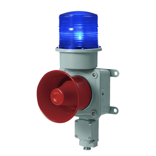 Combinación de baliza LED color Azul con sirena electrónica para aplicaciones de la industria pesada  máx.114 dB a 120 VCA