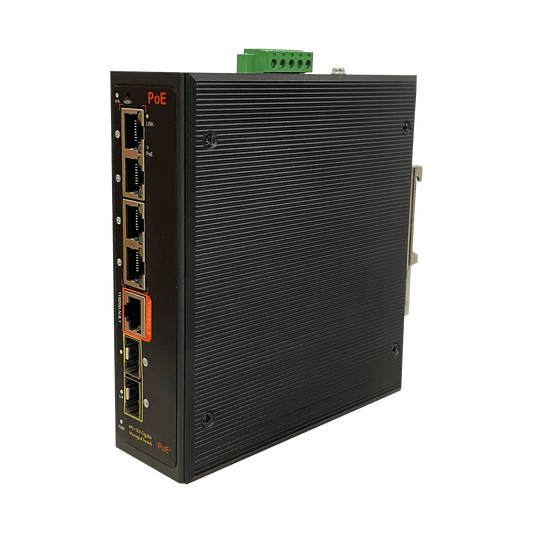 Switch PoE Industrial Administrable / 4 Puertos 1GbE PoE / 2 Slots SFP / IP40 / Rango de Temperatura -40°C a 80°C / ERPS con Recuperación <20 ms / STP/RSTP/MSTP / VLAN / Seguridad Avanzada