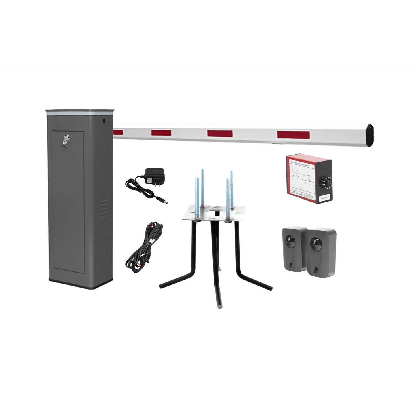 Kit COMPLETO Barrera Derecha XBS Con Corona LED / Brazo de 5.5 Metros / Incluye Sensor de Masa, Transformador, Lazo Magnético, Ancla, Fotoceldas y 2 Controles Inalámbricos