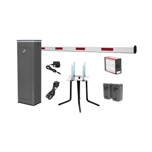Kit COMPLETO Barrera Derecha XBS Con Corona LED / Brazo de 5.5 Metros / Incluye Sensor de Masa, Transformador, Lazo Magnético, Ancla, Fotoceldas y 2 Controles Inalámbricos