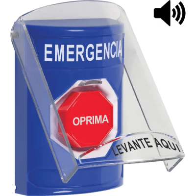 ?Botón Multipropósito, Color Azul, De Superficie, Con Tapa De Policarbonato, Con Bocina Pre Alarma, Solo Interior, Llave Para Restablecer, Texto De Emergencia, Español