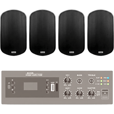 Kit De Amplificador De 240w Para Escritorio | 4 Altavoces De Pared Color Negro 3w - 50w | Sistema 70/100v