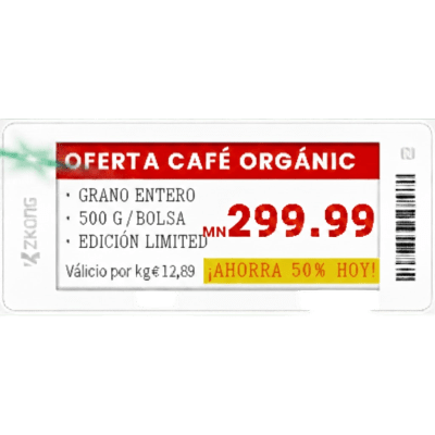 Etiqueta Electrónica de Estantería ZKE29B / Pantalla EPD Gráfica 2.9 Pulgadas / Resolución 296x128 Píxeles / 4 Colores (Negro Blanco Rojo Amarillo) / BLE 5.0 con Encriptación AES-128 / Batería 5 Años