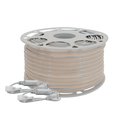 Manguera de Resina Transparente y Flexible / Para uso Interior o Exterior / Carrete de 50 m/ 110V CA  4.2 A/ 500 W Potencia / T.C.C. 6500 K / Color Blanco.