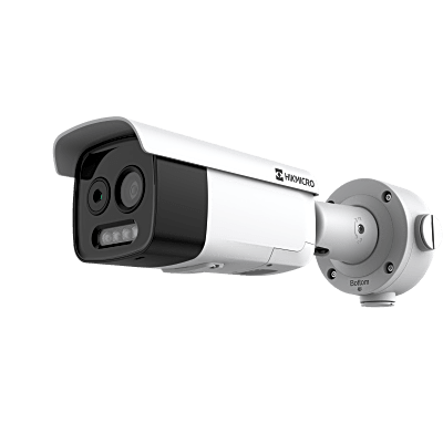 Bala IP Dual / Térmica 3.6 mm (256 × 192) / Óptico 4.3 mm (4 Megapixel) / 30 mts IR / Exterior IP67 / PoE / Termométrica / Detección de Temperatura / Sirena y Luz Intermitente Integrada / MicroSD