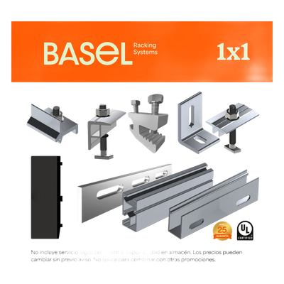 Sistema De Montaje Solar Basel / Flat Roof Single Row / 1 Modulo / Riel N Rail 4.72 / Soportes N3 Basel / Resistencia Viento 140 Km/h / Inclinacion 15 Grados