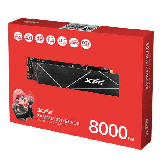 Unidad De Estado Solido Ssd Interno Xpg Gammix S70 Blade 8000gb M.2 2280 Nvme Pcie Gen 4x4 Lect.7400 Escrit. 6100 Mbs 3dnand Pc Laptop Minipc Con Disipador Gamer (agammixs70b-8000g-cs)