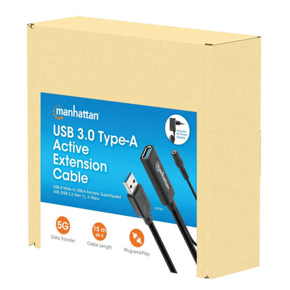 Cable Usb Extension, Manhattan,153768,v3.2 Ext. Activa  15.0m Negro